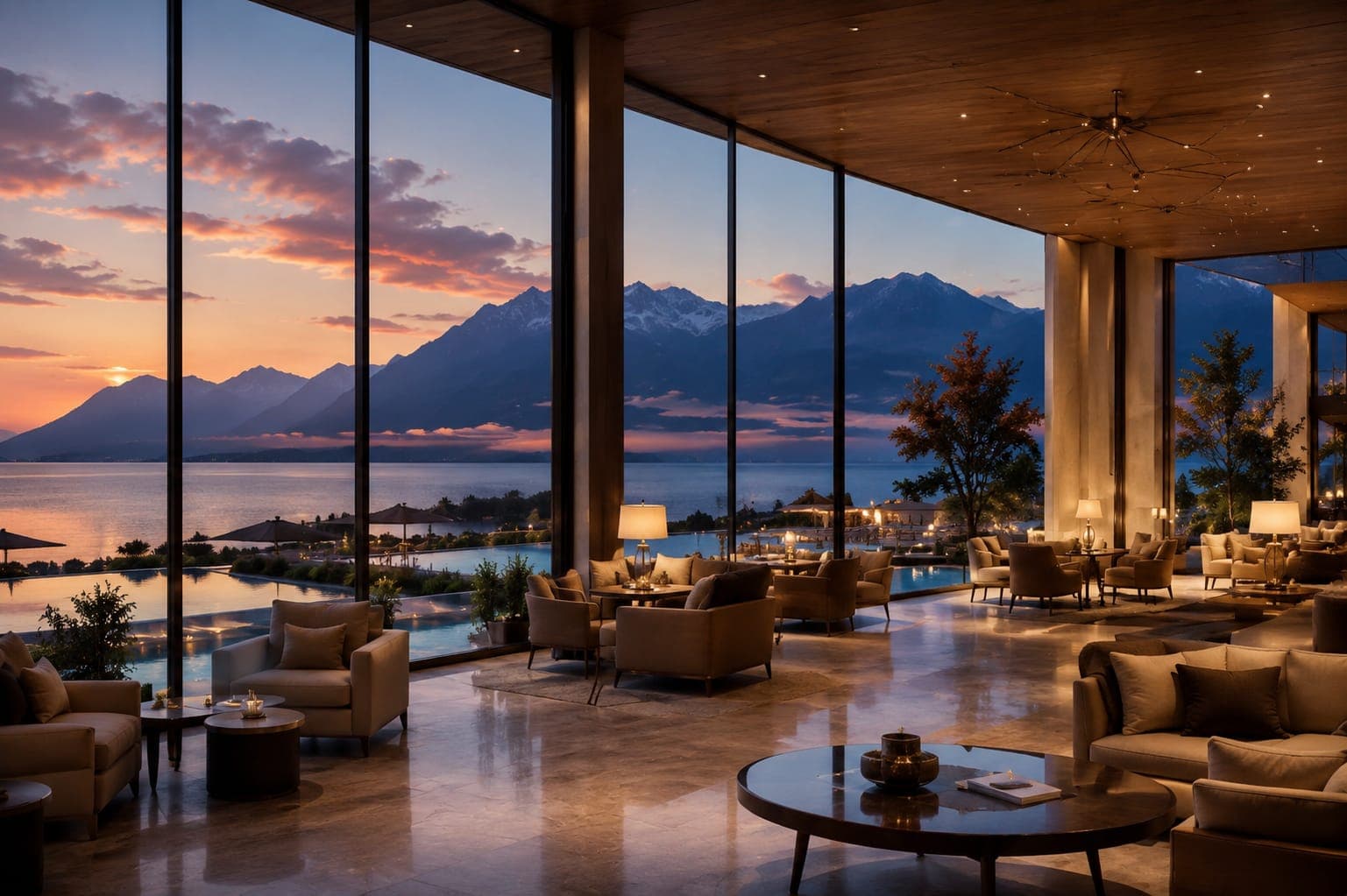 Luxury hotel lounge at dusk
